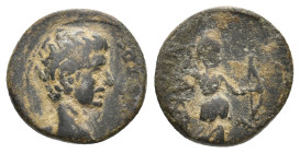 PHRYGIA. Acmoneia. Augustus, 27 BC - 14 AD. AE.
Obv: [ΣEBAΣ]TOΣ.
Bare head of Tiberius, right.
Rev: ΑΚ[...].
Artemis advancing right, holding bow ...