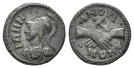 PHRYGIA, Amorium. Pseudo-autonomous. Time of Septimius Severus, 193-211 AD. AE.
Obv: ΡΩΜΗ.
Helmeted bust of Roma left, wearing aegis.
Rev: AMOPIANΩ...
