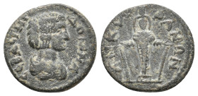 PHRYGIA, Ancyra. Julia Domna, 193-211 AD. AE.
Obv.: CEBACTH ΔΟΜΝΑ.
Draped bust of Julia Domna, right.
Rev.: ANKYPANΩN.
Cult statue of Artemis Ephe...