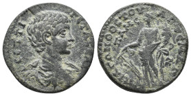 PHRYGIA. Apameİa. Geta as Caesar, 198-209 AD. AE.
Obv: ΠΟ CEΠTΙ ΓETΑC ΚΑΙ.
Bareheaded, draped, and cuirassed bust of Geta, right.
Rev: AΓΩNOΘETOY A...
