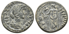 PHRYGIA, Bruzus. Plautilla Augusta? 202-205 AD. AE.
Obv: [ΠΛAYTIΛA] CЄBACTH.
Draped bust, right.
Rev: BPOYZHNΩN.
Dionysus standing left, holding s...