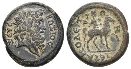 PHRYGIA, Hierapolis. Pseudo-autonomous, 2nd-3rd century AD. AE.
Obv: ZEYC BΩΞIOC.
Head of Zeus, right.
Rev: ΙΕΡΑΠΟΛΕΙΤΩΝ.
Apollo on horseback to r...