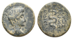 PHRYGIA, Laodicea ad Lycum. Augustus, 27 BC-14 AD. AE. Uncertain, magistrate.
Obv: ΣΕΒΑΣΤΟΣ.
Bare head of Augustus right.
Rev: […] [Λ]ΑΟΔΙΚΕΩΝ.
St...