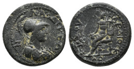 PHRYGIA, Laodicea ad Lycum. Pseudo-autonomous. Time of Domitian, 81-96 AD. AE.
Obv: ΛΑΟΔΙΚƐΩΝ.
Helmeted and draped bust of Roma (Athena?), right.
R...