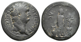 PAMPHYLIA, Aspendos. Domitian, 81-96 AD. AE.
Obv: ΔΟΜΙΤΙΑΝΟϹ ΚΑΙϹΑΡ.
Laureate head of Domitian, right.
Rev: AC.
Apollo standing, right, to left, l...