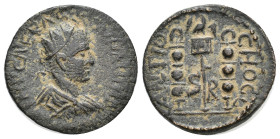 PISIDIA, Antioch. Valerian I, 253-260 AD. AE.
Obv: IMP CAE P AE[...].
Radiate, draped and cuirassed bust of Valerian I, right.
Rev: ANTIOCHO CL aro...