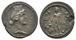 PISIDIA, Baris. Pseudo-auronomos. Circa 200 AD. AE.
Obv: Turreted and draped bust of Tyche right.
Rev.: ΒΑΡΗΝΩΝ.
Dionysos standing left, holding bu...