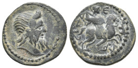 PISIDIA, Isinda. Pseudo-autonomous, AD 2nd-3rd centuries. AE.
Obv: Diademed head of Zeus right.
Rev: ICINΔЄΩN.
Warrior riding horse right, thrustin...