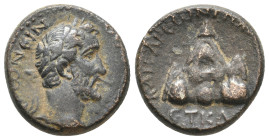 CAPPADOCIA, Caesarea. Antoninus Pius, 138-161 AD. AE.
Obv: Laureate, draped and cuirassed bust right.
Rev: Laureate and draped bust right. Mount Arg...