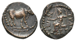 CAPPADOCIA, Tyana. Pseudo-autonomous, reign of Trajan, AD 98-117. AE.
Obv: Humped bull, r.
Rev: ΤΥΑΝƐⲰΝ.
Zeus seated l., holding patera on his exte...