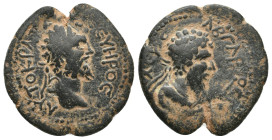 MESOPOTAMIA. Edessa. Septimius Severus, with Abgar VIII, 193-211 AD. AE.
Obv: ATOKPA CЄYHPOC.
Laureate head of Septimius Severus, right.
Rev. ABΓΑΡ...