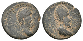 MESOPOTAMIA, Edessa. Septimius Severus, with Abgar VIII, 193-211 AD. AE.
Obv: [...]ΠT C[...].
Laureate head of Septimius Severus, right.
Rev: ABΓAΡ...