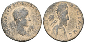 MESOPOTAMIA, Edessa. Gordian III, with Abgar X Phraates, 238-244 AD. AE.
Obv: AVTOK K M ANT ΓOPΔIANOC CЄ.
Laureate head of Gordian right, with sligh...