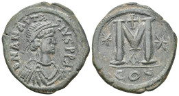 ANASTASIUS I, 491-518 AD. AE, Follis. Constantinople. 1st officina.
Obv: D N ANASTASIVS P P AVG.
Diademed, draped and cuirassed bust right.
Rev: La...