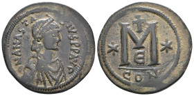 ANASTASIUS I, 491-518 AD. AE, Follis. Constantinople. 5th officina.
Obv: D N ANASTASIVS P P AVG.
Diademed, draped and cuirassed bust right.
Rev: La...