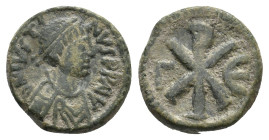 JUSTIN I, 518-527 AD. AE, Pentanummium. Nikomedeia. 3rd officina.
Obv: D N IVSTI – NVS PP AVG
Bust of Justin I facing right wearing cuirass, paludam...