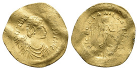 JUSTINIAN I, 527-565 AD. AV, Tremissis. Constantinople.
Obv: D N IVSTNI[ANV]S P P AVG.
Bust of Justinian I facing right and wearing cuirass, chlamys...