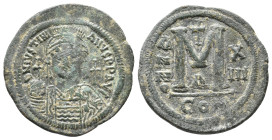 JUSTINIAN I, 527-565 AD. AE, Follis. Constantinople. 1st officina. Dated RY 13 (539/40).
Obv: D N IVSTINIANVS P P AVG.
Frontal bust of Justinian I w...