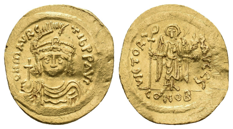 MAURICE TIBERIUS, 582-602 AD. AV, Solidus. Constantinople.
Obv: D N MAVRC – TIB...