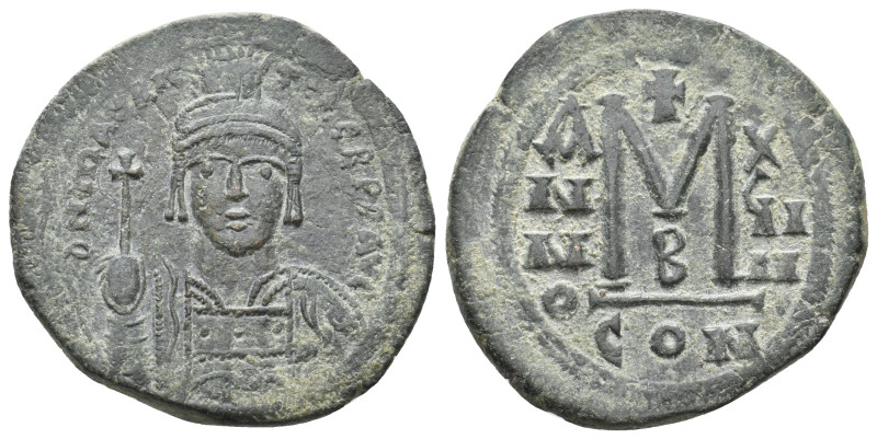 MAURICE TIBERIUS, 582-602 AD. AE, Follis. Constantinople. 2nd officina. Dated RY...
