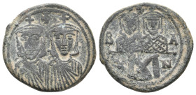 LEO IV the KHAZAR, with CONSTANTINE VI, 775-780 AD. AE, Follis. Constantinople.
Obv: Frontal busts of Constantine VI and Leo IV each wearing chlamys ...
