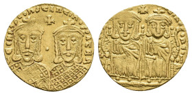 CONSTANTINE VI with LEO III, CONSTANTINE V and LEO IV, 780-797 AD. AV, Solidus. Constantinople.
Obv: [LЄOҺ VS S ЄςςOҺ COҺSƮAҺƮIҺOS O ҺЄO].
Constanti...