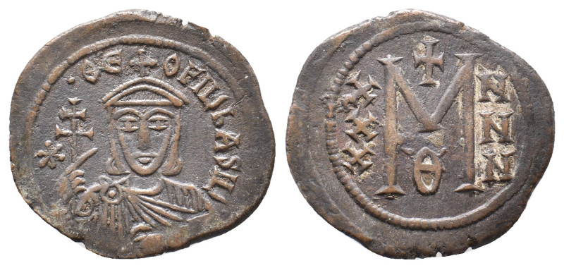 THEOPHILUS, 829-842 AD. AE, Follis. Constantinople.
Obv: ✷ ΘЄOFIL ЬASIL.
Crown...