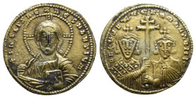 CONSTANTINE VII PORPHYROGENITUS with ROMANUS II, 913-959 AD. AV, Fourrèe Solidus. Constantinople.
Obv: + IҺS XPS RЄX RЄGNANTIЧM.
Facing bust of Chri...