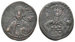 MICHAEL VII DUCAS, 1071-1078 AD. AE, Follis. Constantinople.
Obv: [MI]XAHΛ RACI[Λ O Δ].
Frontal bust of Michael VII Ducas, bearded, wearing modified...