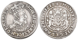 Poland. SIGISMUND III VASA, 1587-1632 AD. AR. Danzig. 1618.
Obv: SIGIS III D G REX POL M D L R PRVS
Bust of facig Sigismund III Vasa right with armo...