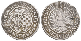 Germany. LOUISE of ANHALT-DESSAU (LUISE VON ANHALT-DESSAU), 1672-1680 AD. AR, 6 Kreuzer (1673). Silesia / Liegnitz / Brieg.
Obv: LIGNI CENS BRECNES [...