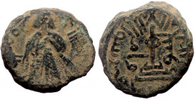 Islamic,Umayyad Caliphate, (Arab-Byzantine coinage) Time of Abd al-Malik ibn Marwan (AH 65-86) Qinnasrin AE Fals (Bronze