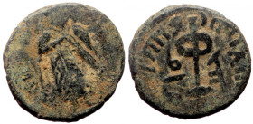 Islamic, Umayyad Caliphate. 'Abd al-Malik ibn Marwan. AH 65-86 / AD 685-705. Æ Fals (Bronze, 16mm, 3.45g) Halab (Aleppo)