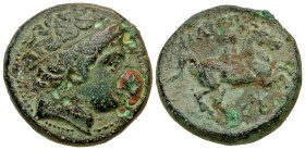 "Macedonian Kingdom. Philip II. 359-336 B.C. AE unit (18.4 mm, 6.23 g, 9 h). Uncertain Macedonian mint. Head of Apollo right, waering tainia / ΦIΛIΠΠO...