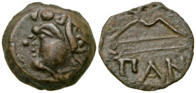 "Cimmerian Bosporos, Pantikapaion. Circa 325-310 B.C. AE 14 (14.3 mm, 2.48 g, 2 h). Head of beardless satyr left, wreathed with ivy / ΠAN, bow and arr...