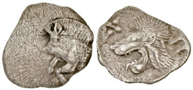 "Mysia, Kyzikos. Ca. 450-400 B.C. AR hemiobol (10.5 mm, 0.38 g, 12 h). Forepart of boar left; to right, tunny upward / Head of roaring lion left; star...