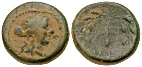"Lydia, Sardes. Ca. 133 B.C.-A.D. 14 AE 15 (15.3 mm, 3.86 g, 9 h). Laureate head of Apollo right / club within oak wreath, AY monogram. GRPC Lydia 18;...