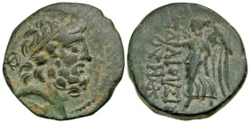 "Cilicia, Elaiussa Sebaste. 1st century B.C. AE 22 (22.1 mm, 7.49 g, 12 h). Head of Zeus right, wearing taenia; monogram behind / EΛAIOYΣIΩN, Nike avd...