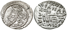 "Parthian Kingdom. Osroes II. Ca. A.D. 190-208. AR drachm (19.3 mm, 3.02 g, 1 h). Ekbatana mint. Diademed bust left, wearing tiara / Archer seated rig...