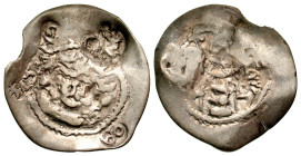 "Hunnic, Hephthalites. Late-5th century A.D. AR drachm (24 mm, 1.70 g). Imitating Peroz I, A.D. 438-457. Crowned bust right; four large pellets along ...