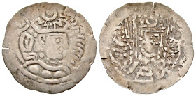 "Sogdiana, Samarqand. Ca 700-750 A.D. AR "mug" drachm (31.6 mm, 3.09 g, 9 h). ?Bukharakhudat type? type. Slightly distorted Sogdian legend ?Kings of K...