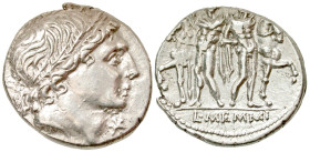 "L. Memmius. 109-108 B.C. AR denarius (18.6 mm, 3.93 g, 4 h). Rome mint, Struck 109/8 B.C. anepigraphic, Diademed young male head right, denomination ...