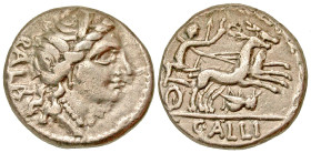 "C. Allius Bala. 92 B.C. AR denarius (16.6 mm, 3.83 g, 2 h). Rome mint, Struck 92 B.C. BALA, female deity's head (Diana?), hair rolled and wearing nec...