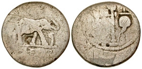 "Julius Caesar. 49-48 B.C. AR denarius (18.8 mm, 2.94 g, 11 h). Military mint traveling with Caesar. CAESAR, Elephant advancing right, trampling on ho...