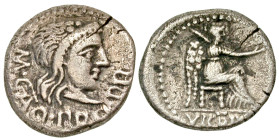 "Cato Uticensis. 47-46 B.C. AR quinarius (12.9 mm, 1.76 g, 10 h). Utica mint, Struck 47/6 B.C. M CA[TO PRO PR], head of your Liber right, wreathed in ...