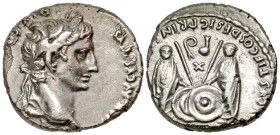"Augustus. 27 B.C.-A.D. 14 AR denarius (17.2 mm, 3.27 g, 11 h). Rome mint, Struck 7-6 B.C. CAESAR · AVGVSTV[S] DIVI · F · PATER · PATRIAE, laureate he...