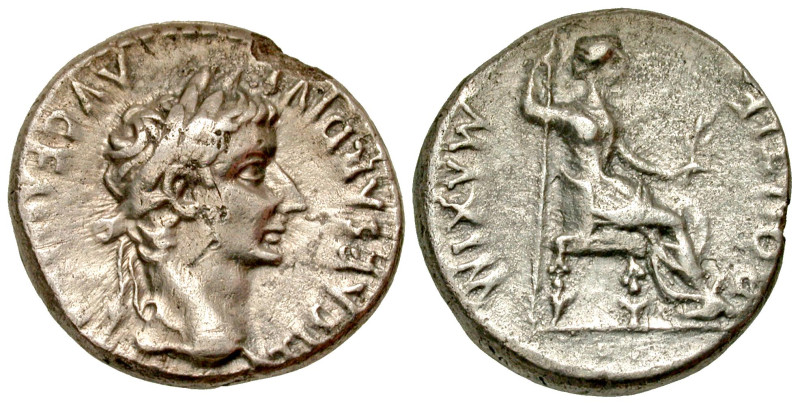 "Tiberius. A.D. 14-37. AR denarius (18 mm, 3.65 g, 7 h). Lugdunum mint, struck A...
