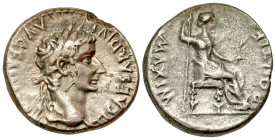 "Tiberius. A.D. 14-37. AR denarius (18 mm, 3.65 g, 7 h). Lugdunum mint, struck A.D. 15-18. TI CAESAR DIVI AVG F AVGVSTVS, laureate head of Tiberius ri...