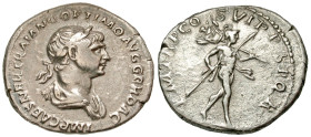 "Trajan. A.D. 98-117. AR denarius (19.8 mm, 3.16 g, 7 h). Rome mint, Struck A.D. 116. IMP CAES NER TRAIANO OPTIMO AVG GER DAC, laureate, and draped bu...