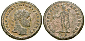 "Galerius. As Caesar, A.D. 293-305. AE follis (27.3 mm, 9.79 g, 6 h). Carthage, A.D. 303. MAXIMIANVS NOB CAES, laureate head right / SALVIS AVGG ET CA...